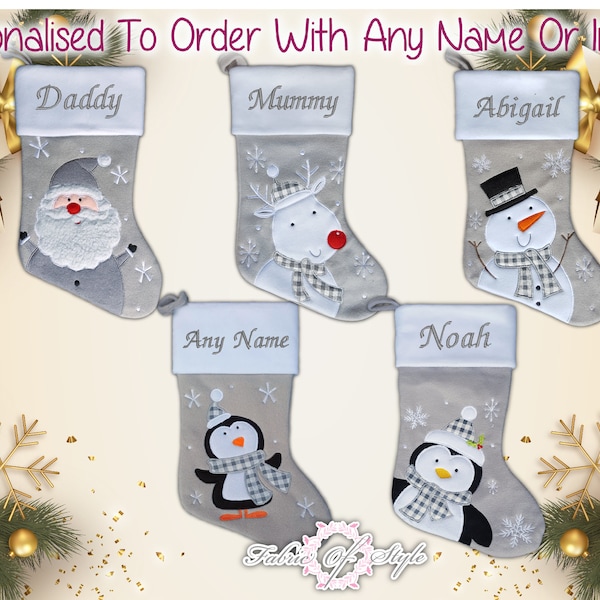 Chaussette de Noël personnalisée, chaussettes de Noël brodées de luxe, Père Noël, renne, bonhomme de neige, gris