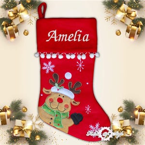 Personalised Christmas Stocking Kids Luxury Embroidered Xmas Stockings Sack Boy Girl Santa  Fully Lined -  Reindeer Red