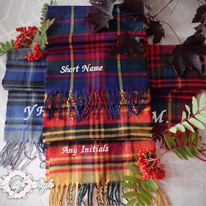 Personalised Tartan Embroidered Winter Scarf Any Name or Initials Unisex Perfect Birthday Valentines Mothers Day Christmas Gift for Her