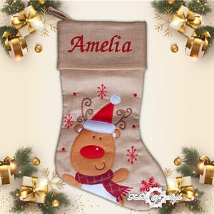 Personalised Christmas Stocking Kids Luxury Embroidered Xmas Stockings Sack Boy Girl Santa Fully Lined - Hessian Reindeer