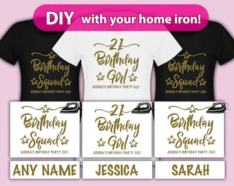 Iron On T Shirt Transfer Personnalisé Birthday Girl Squad 18ème 21ème 30ème 40ème 50ème Vinyl Gold