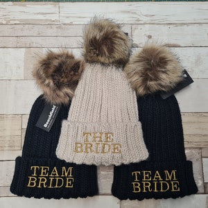 Bride Hat Personalised Beanie  Hen Party Team Bride Bridesmaid Hat Embroidered Adult Bobble Unisex Cute Winter Essential Cosy Warm Initials