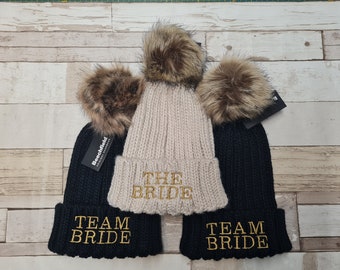 Bride Hat Personalised Beanie  Hen Party Team Bride Bridesmaid Hat Embroidered Adult Bobble Unisex Cute Winter Essential Cosy Warm Initials