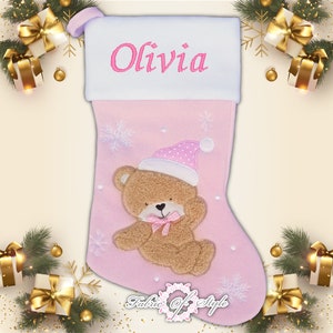 Personalised Christmas Stocking Kids Luxury Embroidered Xmas Stockings Sack Boy Girl Santa Fully Lined - Baby  Pink