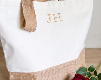 Personalised Embroidered Monogram Initials Organic Boat Bag | Jute Canvas Tote, Beach Holiday Bag