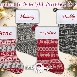 Personalised Embroidered Christmas Stocking Any Name or Initials  Luxury Xmas Nordic Style