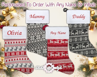 Personalised Embroidered Christmas Stocking Any Name or Initials  Luxury Xmas Nordic Style