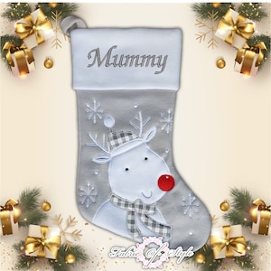 Personalised Christmas Stocking Christmas Luxury Embroidered Xmas Stockings Santa Reindeer Snowman Grey reindeer grey