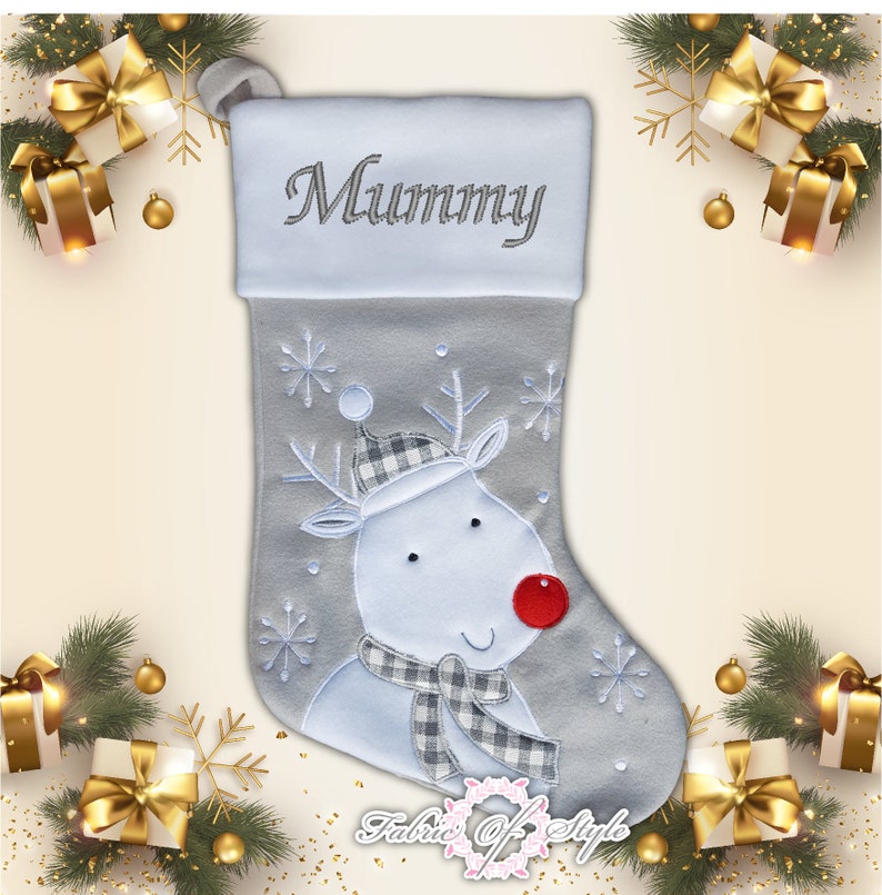 Personalised Christmas Stocking Christmas Luxury Embroidered Xmas Stockings Santa Reindeer Snowman Grey reindeer grey