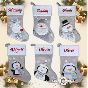 Personalised Christmas Stocking  Christmas Luxury Embroidered Xmas Stockings Santa Reindeer snowman  Grey Red