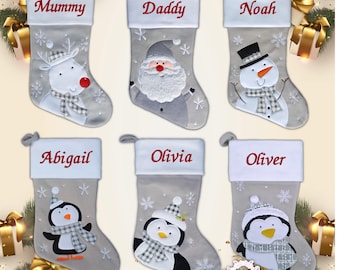 Personalised Christmas Stocking  Christmas Luxury Embroidered Xmas Stockings Santa Reindeer snowman  Grey Red