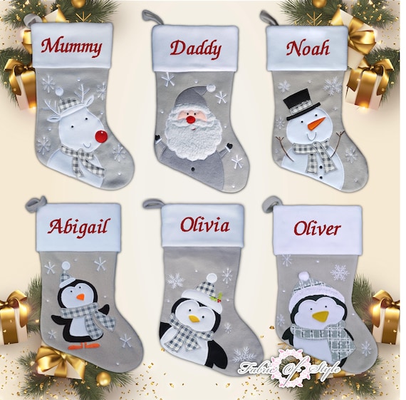 Personalised Christmas Stocking  Christmas Luxury Embroidered Xmas Stockings Santa Reindeer snowman  Grey Red