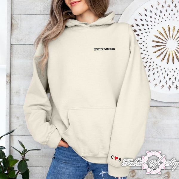 Roman Numeral Embroidered Matching Hoodie, Custom Anniversary Date Couple Hoodies, Custom Initials With Heart Sleeve Jumper, Boyfriend Gift