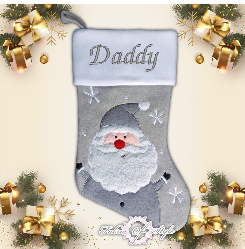 Personalised Christmas Stocking Christmas Luxury Embroidered Xmas Stockings Santa Reindeer Snowman Grey santa grey