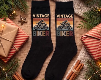 Vintage Motorcycle Crew Socks, Cool Biker Gift for Him or Her, Cotton Novelty Socks, Retro Motorbike Christmas Stocking Filler