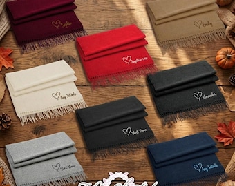 Personalised Embroidered Winter Scarf, Custom Name Initials Scarf with Heart, Birthday Valentines Mothers Day Christmas Gift for Her Women