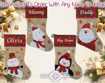 Personalised Tartan Christmas Stocking  Christmas Luxury Embroidered Xmas Stockings Santa Reindeer snowman Hessian