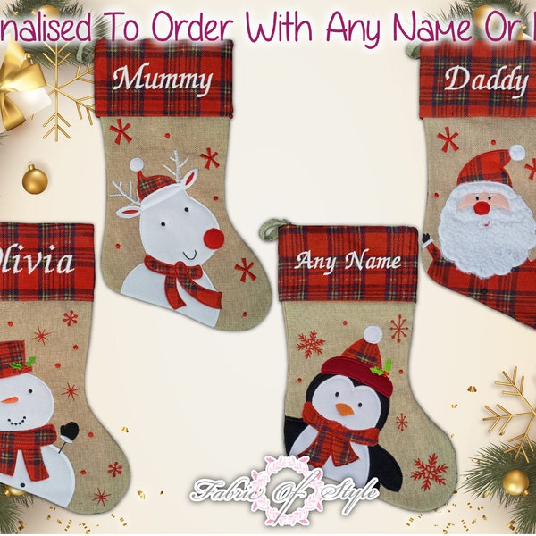 Personalised Tartan Christmas Stocking  Christmas Luxury Embroidered Xmas Stockings Santa Reindeer snowman Hessian