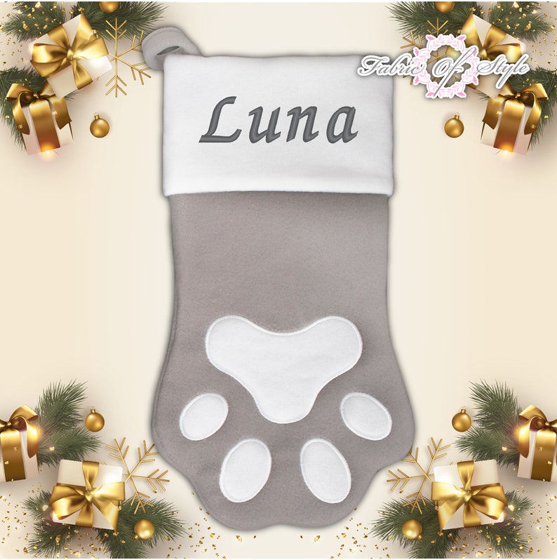 Personalised Christmas Stocking Christmas Luxury Embroidered Xmas Stockings Santa Reindeer Snowman Grey Dog - Paw