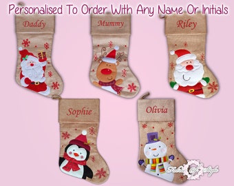 Personalised Christmas Stocking  Christmas Luxury Embroidered Xmas Stockings Santa Reindeer snowman Hessian