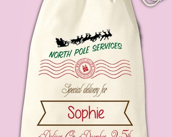 Personalised Santa North Pole Christmas Stocking Gift Present Santa Sack Bag