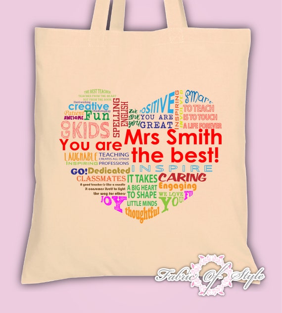 FAST DELIVERY please read item description Thank You Teacher School  Gift PERSONALISED Cotton Tote Bag Heart Design Natural