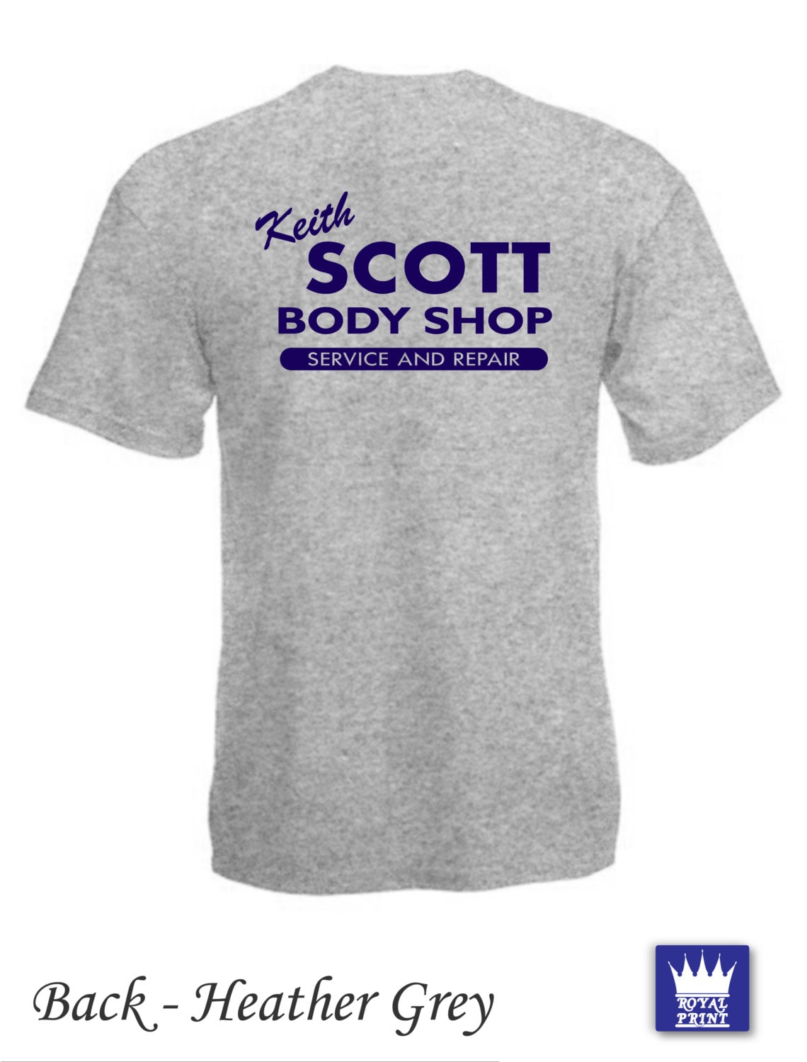 Image of Keith Scott Grey One Tree Hill Body Shop Adult T-Shirt Mens Print On Back - Heather Grey