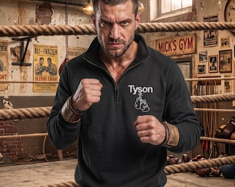 Personalised Embroidered Quarter Zip Pullover, Custom Initials Gym Jumper, Boxer Boxing Gift for Him, Men's Fitness Sweatshirt