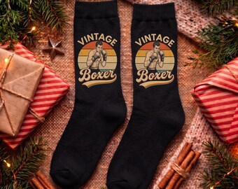 Vintage Boxer Crew Socks, Retro Boxing Novelty Socks, Cotton Sports Socks, Cool Gift for Him, Christmas Stocking Stuffer for Box
