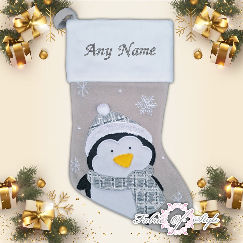 Personalised Christmas Stocking Christmas Luxury Embroidered Xmas Stockings Santa Reindeer Snowman Grey Penguin Fluffy Hat