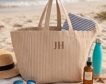 Embroidered Personalised Oversized Beach Bag, Large Striped Tote Bag, Custom Name Holiday Bag, Summer Tote, Travel Bag, Gift for Her