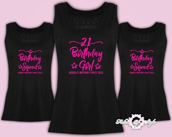 Personalised  Birthday Girl Squad 18th 21st 30th 40th 50th Vests Ladies Female Fluoro Pink