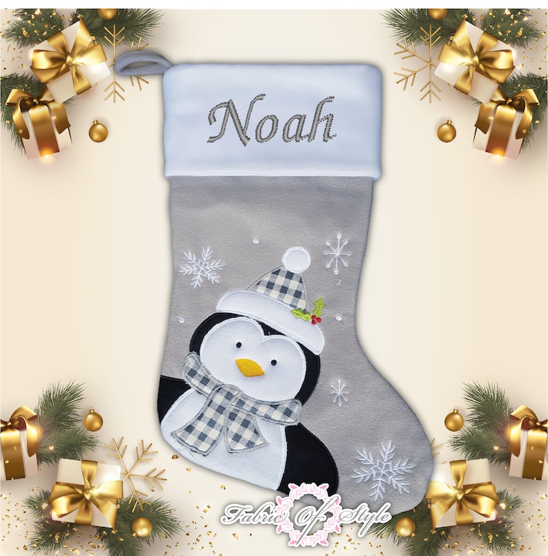 Personalised Christmas Stocking Christmas Luxury Embroidered Xmas Stockings Santa Reindeer Snowman Grey Penguin with Holly