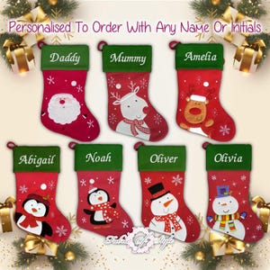 May include: Set of eight personalised Christmas stockings with various embroidered designs, including Santa, reindeer, penguins, and snowmen. The stockings are red with green felt cuffs and are personalised with names such as "Daddy", "Mummy", "Amelia", "Abigail", "Noah", "Oliver", and "Olivia".