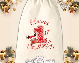 Personalised My First Christmas Santa Sack, Custom 1st Christmas Reindeer Present Bag, Personalised Baby Xmas Stocking, Baby First Christmas