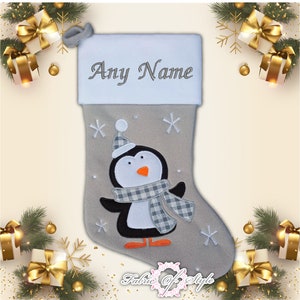 Personalised Christmas Stocking Christmas Luxury Embroidered Xmas Stockings Santa Reindeer Snowman Grey Penguin Grey