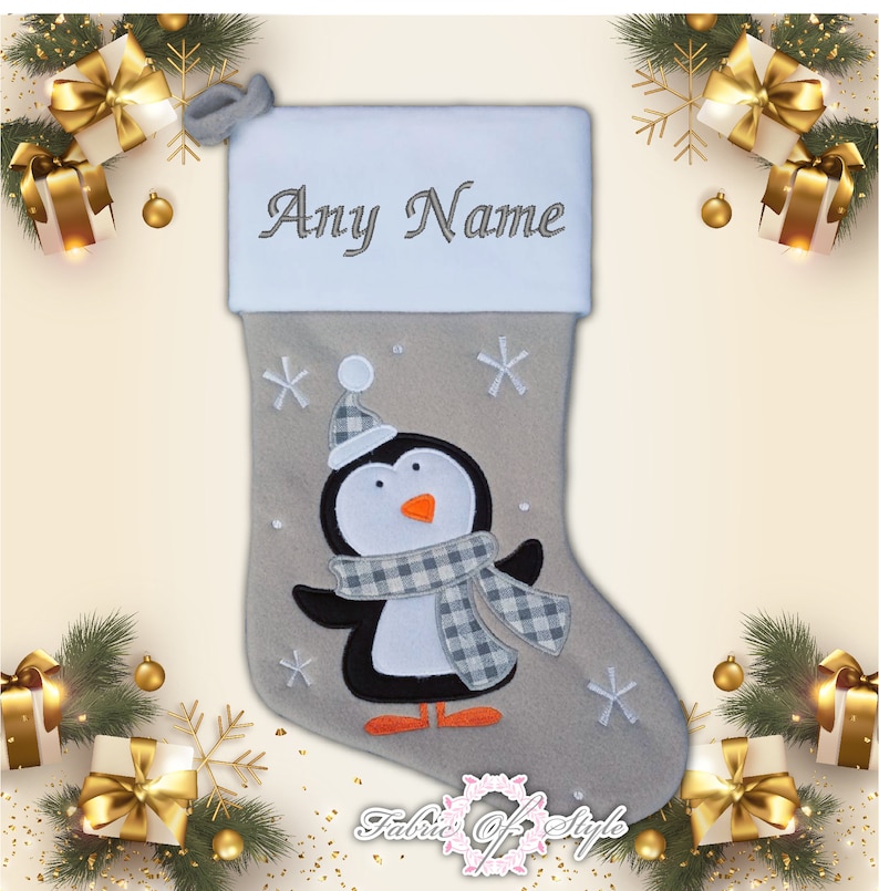 Personalised Christmas Stocking Christmas Luxury Embroidered Xmas Stockings Santa Reindeer Snowman Grey Penguin Grey