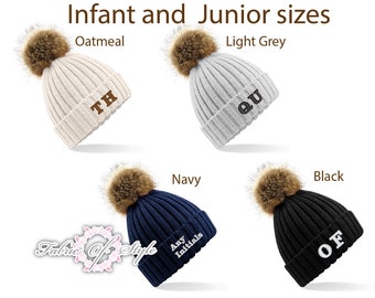 Personalised Kids Infant, Junior Beanie  Hat Embroidered Bobble Unisex Cute Winter Essential Cosy Warm Initials Christmas Gift