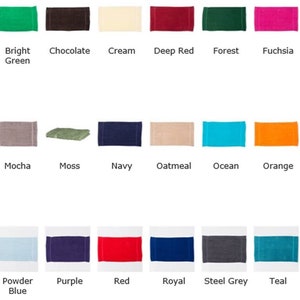 May include: A collection of rectangular fabric swatches displayed in a grid, each labeled with its corresponding color name including black, bright blue, bright green, chocolate, cream, deep red, forest, fuchsia, grey, lemon, lilac, lime, mocha, moss, navy, oatmeal, ocean, orange, pebble, peppermint, pink, plum, powder blue, purple, red, royal, steel grey, teal, white, and yellow.