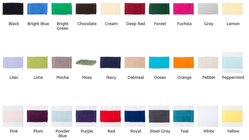 May include: A collection of rectangular fabric swatches displayed in a grid, each labeled with its corresponding color name including black, bright blue, bright green, chocolate, cream, deep red, forest, fuchsia, grey, lemon, lilac, lime, mocha, moss, navy, oatmeal, ocean, orange, pebble, peppermint, pink, plum, powder blue, purple, red, royal, steel grey, teal, white, and yellow.