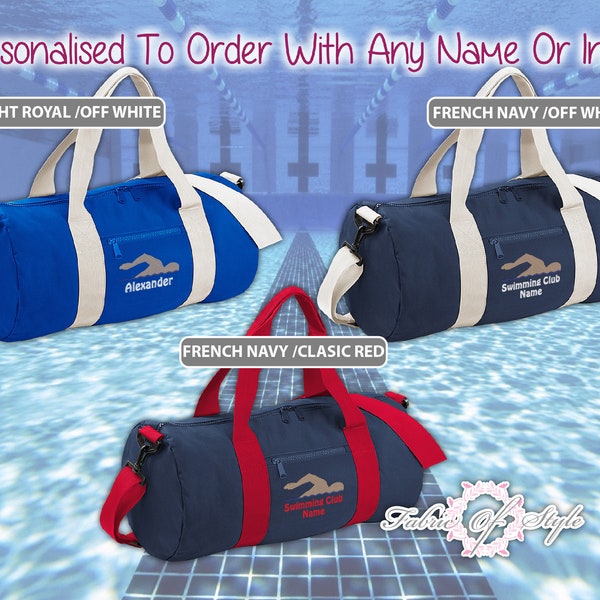 Swimming Embroidered Personalised Barrel Bag Any Name or Initial Duffle Uniform Sport Gym Kit