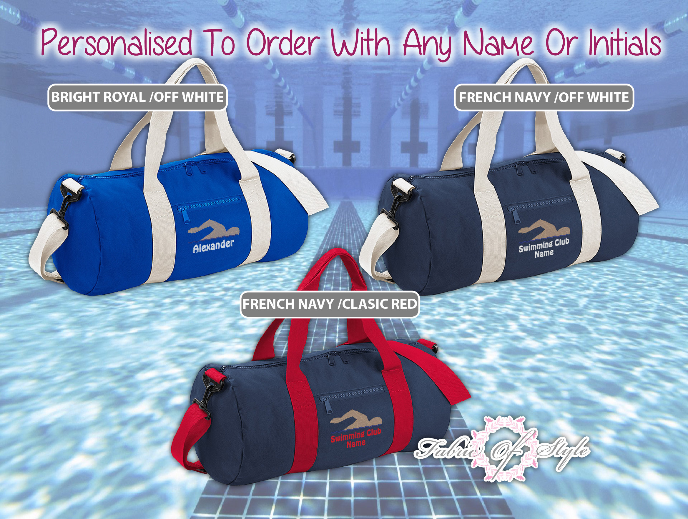 Swimming Embroidered Personalised Barrel Bag Any Name or Initial Duffle Uniform Sport Gym Kit