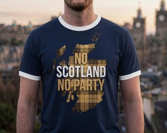 No Scotland No Party SCOTTISH Flag Mens t-shirt Ringer Navy Gold