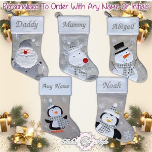 Personalised Christmas Stocking Christmas Luxury Embroidered Xmas Stockings Santa Reindeer Snowman Grey image 7