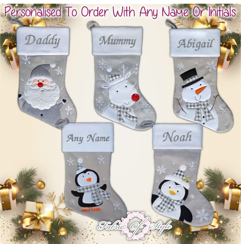 Personalised Christmas Stocking Christmas Luxury Embroidered Xmas Stockings Santa Reindeer Snowman Grey image 7