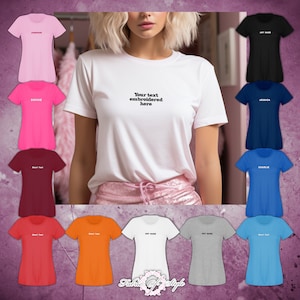 Camiseta feminina bordada no peito central personalizada com seu design de texto personalizado-cores de linha-100% algodão menina feminina