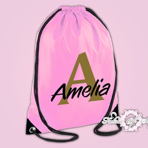 Personalised Initial Name Back Drawstring Polyester Bag PE GYM School Kids