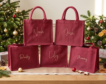 Personalised Embroidered Red Christmas Gift Bag with Charm, Custom Burlap Holiday Sack, Christmas Eve Bag, Festive Party Favour Bags