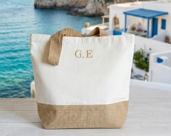 Personalised Embroidered Initials Organic Boat Bag | Jute Canvas Tote, Beach Holiday Bag