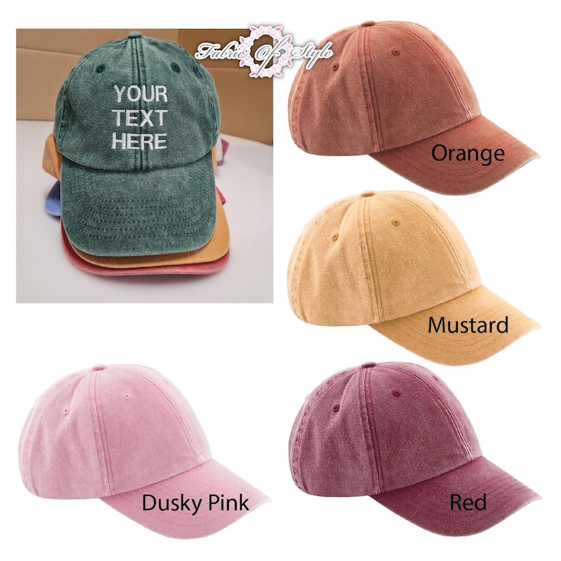 May include: A collection of six baseball caps in various colors including dark green, orange, mustard, dusky pink, and red. The dark green cap features the white embroidered text "YOUR TEXT HERE" on the front panel. Each cap has a curved brim.